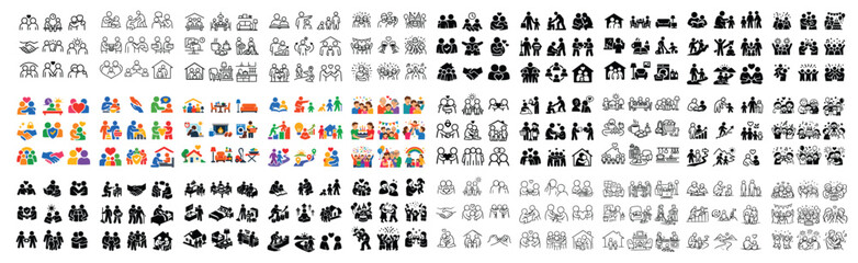 Fototapeta premium Social interaction and teamwork concept icons with people, handshakes and family for infographic design in flat illustration style