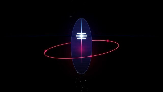 Atomic particle orbiting nucleus with digital energy glow in dark space