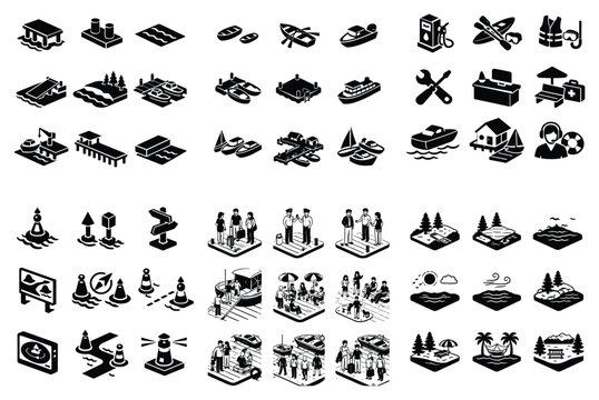 Water and boating concept icons with boat, dock and buoy for web interface design in isometric style