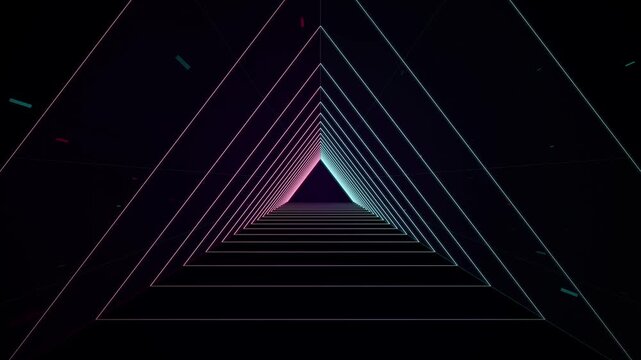 Neon Triangle Tunnel Animation, Pink Cyan Retrowave Geometric Warp Motion Background