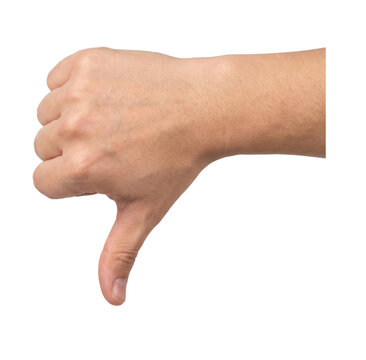 Human hand showing a thumbs down gesture isolated on a transparent background