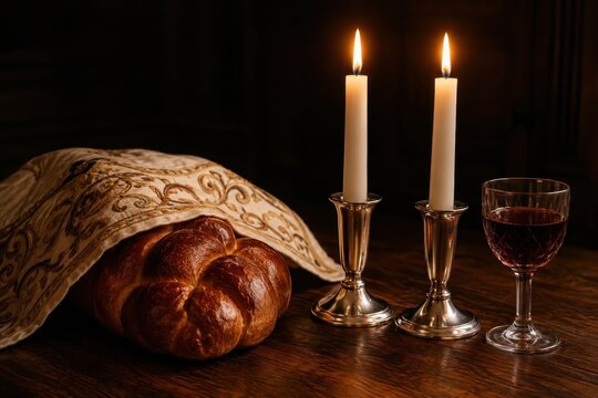 Braided challah loaf beside lit candles on a set table