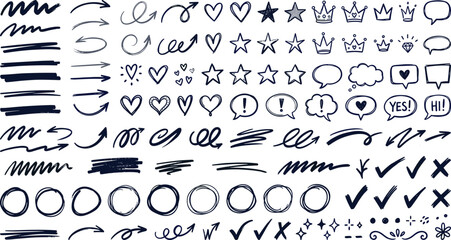 Naklejka premium Hand-drawn doodle elements vector set with arrows, hearts, stars, crowns, and speech bubbles in sketch style