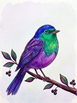 Colorful Watercolor Bird on Branch Illustration