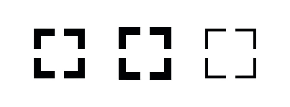 Full Screen and Focus Square Bracket Icons Set: Black Glyph, Bold Outline, and Thin Line Vector Symbols