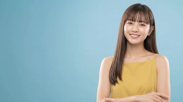 首を傾げてカメラを見つめる笑顔が魅力的な女性