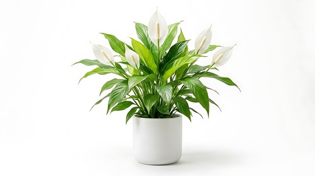 A potted peace lily plant with white flowers and green leaves isolated on a plain white background with white spathes vibrant foliage grows simple