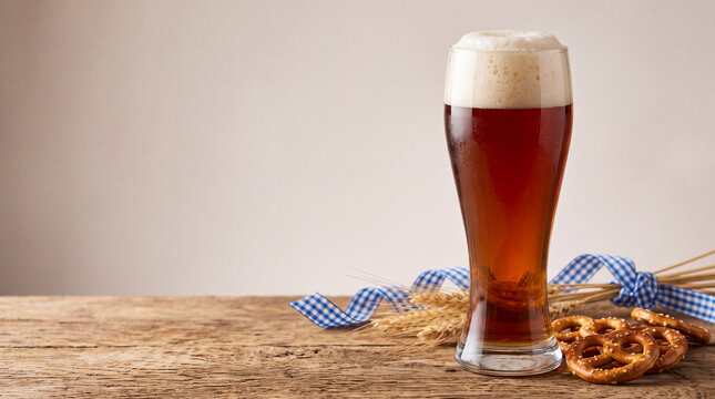 Dark beer glass and pretzels with blue ribbon on wooden table