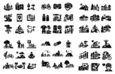 Obraz premium Cycling and outdoor adventure design icons with bicycle, helmet and tent for mobile app design in solid style