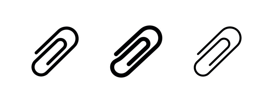 Paperclip icon set. Office stationery attachment symbol in solid, thick, and outline styles.