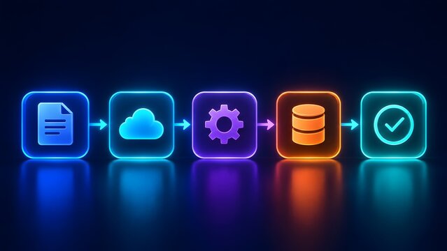 Digital data processing workflow concept with 3D glowing neon icons showing document, cloud storage, settings, database server, and checkmark.