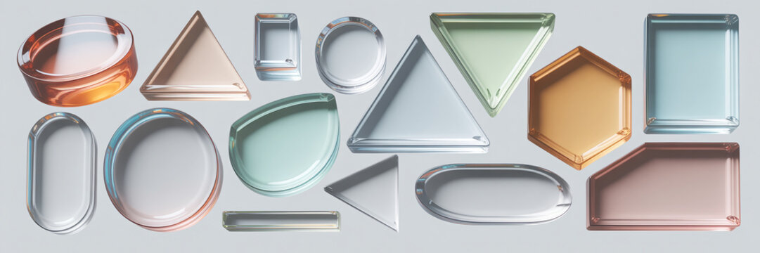 Collection of abstract glass geometric shapes, transparent colorful icons, rounded triangles and squares with glossy finish, 3D rendered buttons for web design interface elements
