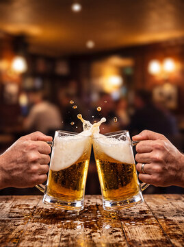 Two hands clinking splashing beer mugs on wooden table in a pub