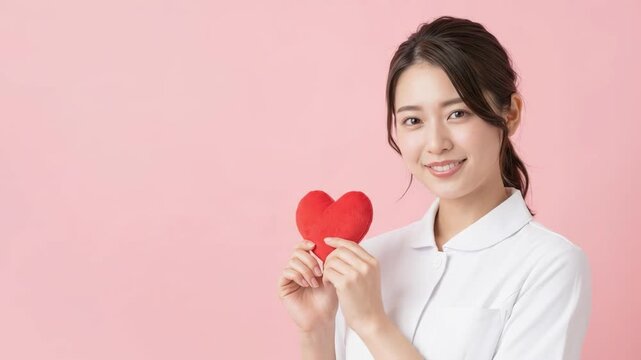 ハートを胸元に抱えて優しく微笑む白衣の看護師の女性