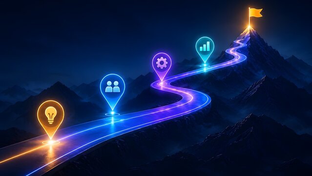3D glowing neon road winding up a mountain to a flag peak with milestone icons representing business journey, strategy, and road to success.