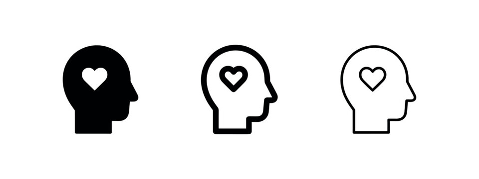 Mental health and empathy icons head with heart symbol for love and psychology