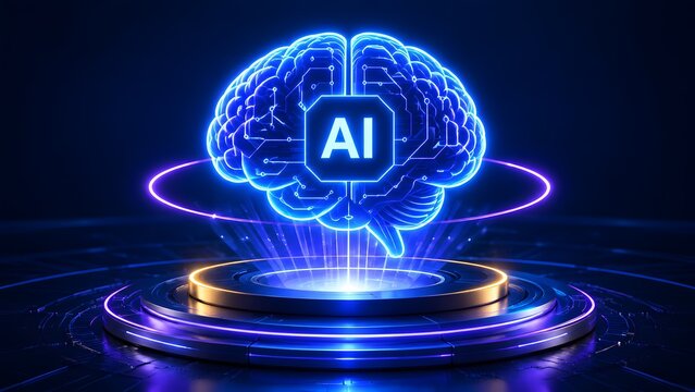 3D glowing neon artificial intelligence brain with microchip on a high tech futuristic pedestal representing machine learning and neural networks.