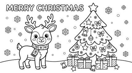 Fototapeta premium Christmas Tree and Cute Reindeer Holiday Line Art