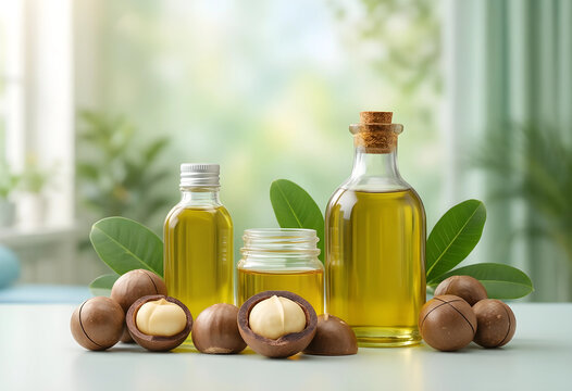 Macadamia nut oil for skincare and healthy nutrition, organic cosmetic essence and natural food ingredient in glass bottles with fresh nuts on table