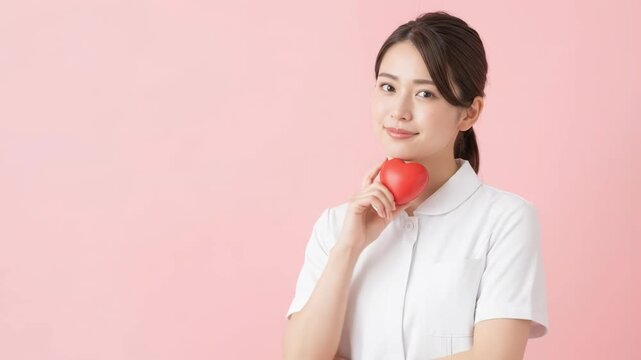 ハートを手に持ち笑顔を見せる看護師の女性