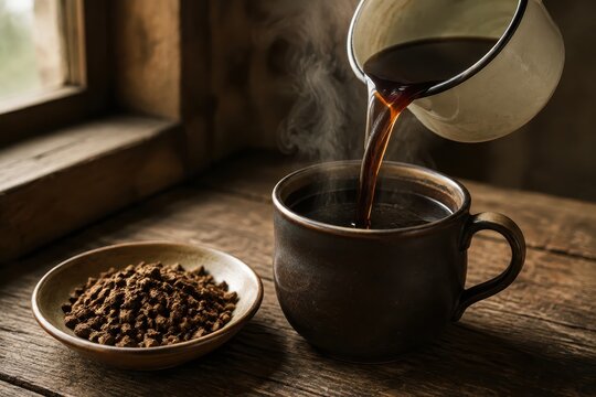Roasted dandelion root brew poured into a thick earthenware mug