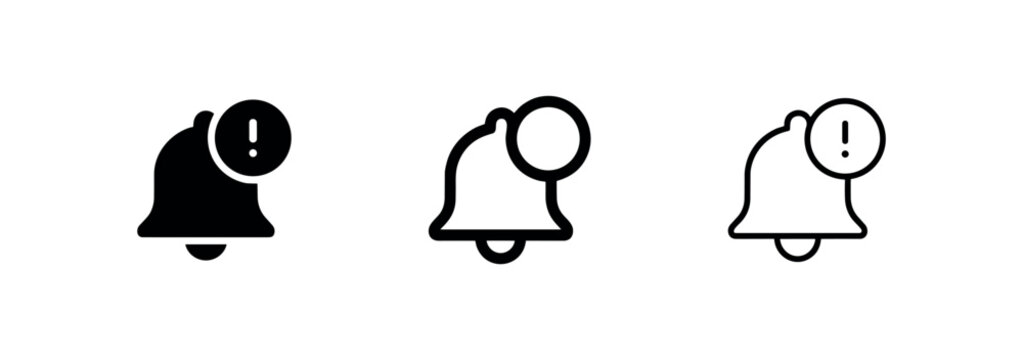Notification bell with exclamation mark icon set. Alert and important reminder symbol.