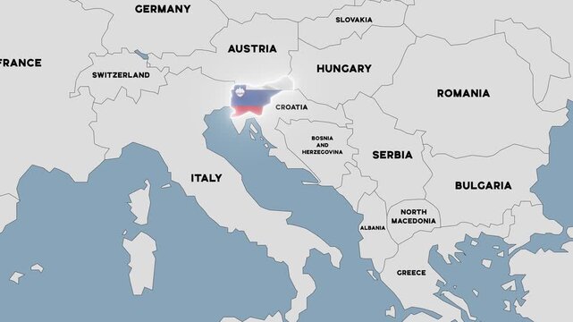 4K animation of a map of the Balkans with Slovenia highlighted in the colors of the Slovenian national flag.