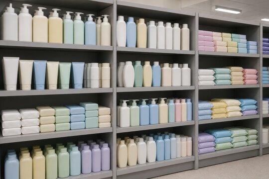 Shelf of unbranded toiletries and essentials in a donation store