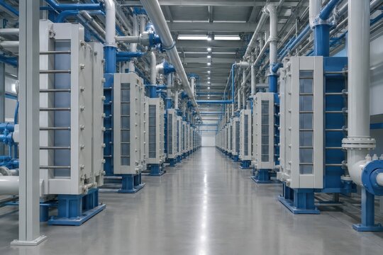 Hydrogen electrolyser stacks lined up inside an industrial hall
