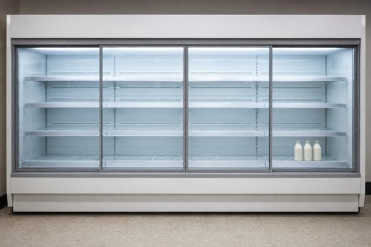 Empty refrigerated chiller shelves with only three bottles left