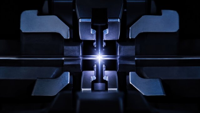 Bright arc fusing two bare optical fibres in a splicing machine