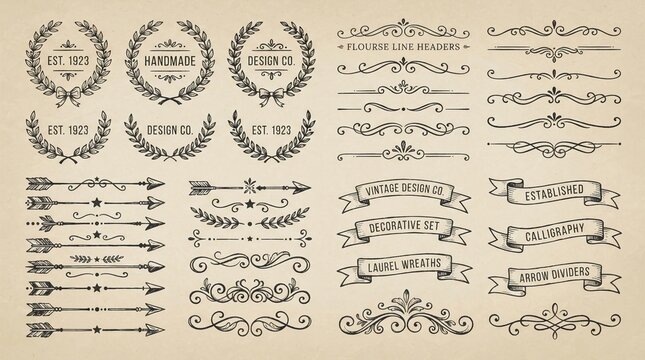 Vintage decorative element set featuring hand drawn laurel wreaths scroll line dividers arrow motifs and classic ribbon banners for artistic graphic design projects on paper