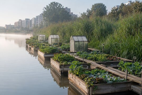 Floating pontoon garden allotments moored on a still canal