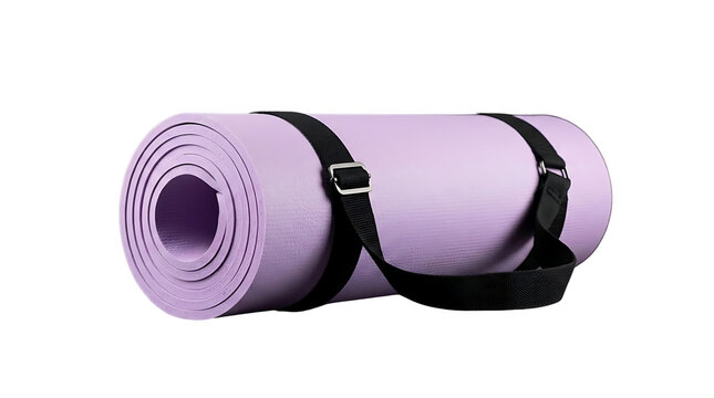 Rolled Purple Yoga Mat with Black Carrying Strap for Fitness and Exercise