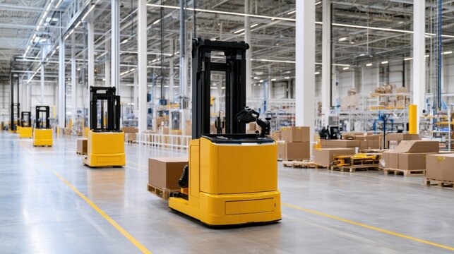 Row of electric pallet trucks in modern distribution center logistics automation concept for design poster and background