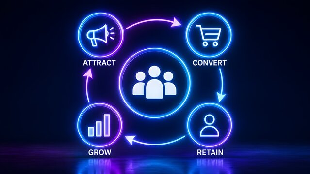 Glowing 3D customer lifecycle marketing cycle representing attract, convert, retain, and grow stages for business strategy and continuous success.