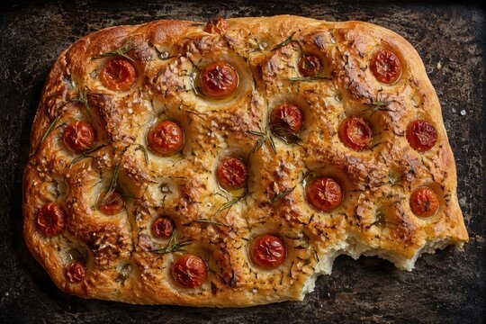 Dimpled focaccia with rosemary and cherry tomatoes on a baking tray