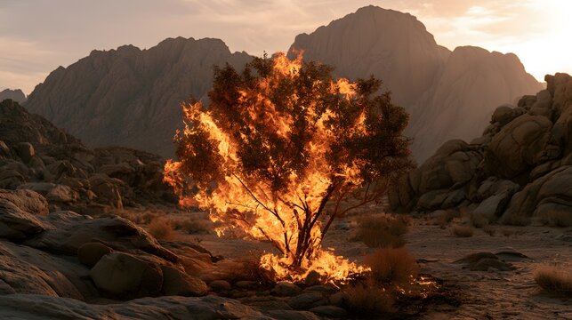 Intense burning bush ablaze in a rocky desert landscape, a powerful biblical miracle at golden hour