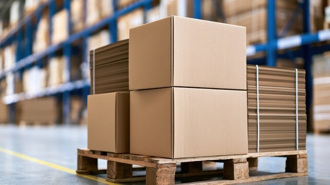 Cardboard boxes stacked on wooden pallet in warehouse aisle for packaging shipping and distribution use in catalog website brochure and logistics design
