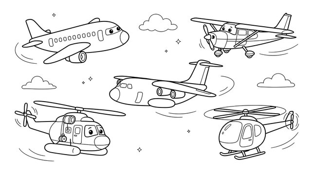 A collection of hand drawn sketches featuring various airplanes and helicopters isolated on a white background for coloring book pages or design
