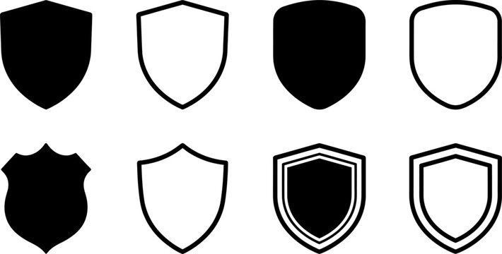 A collection of various shield icons and security protection symbols in a simple black and white design