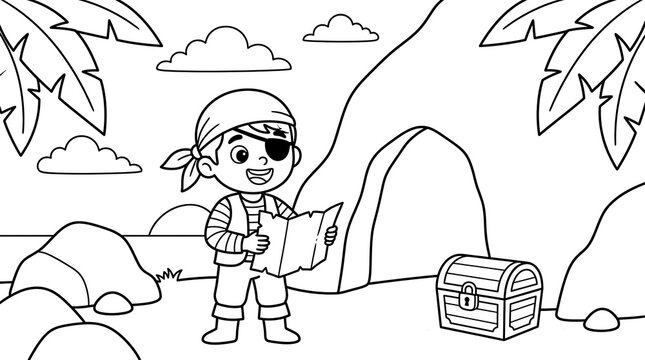 A cute cartoon pirate boy holding a treasure map on a tropical island with a treasure chest and palm trees for coloring page