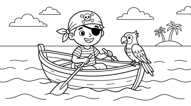 A cute little pirate boy wearing an eye patch and hat rowing a small wooden boat with a friendly parrot on the ocean
