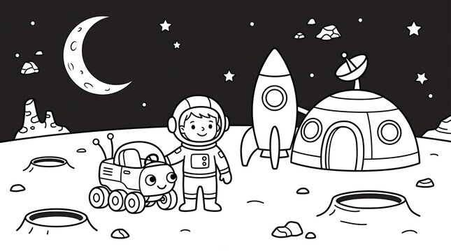 Black and white line art illustration of a cute astronaut standing on the moon with a rocket ship rover and space base