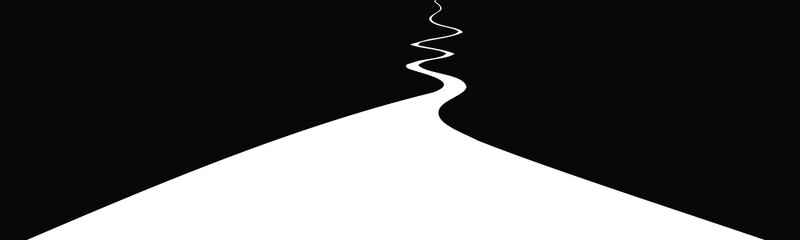 Abstract black and white winding road silhouette narrowing toward the horizon, featuring strong contrast and minimal geometric composition for posters, backgrounds, travel themes, and graphic layouts. © VectorBloomX