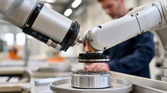 Industrial robotic arm closeup automated metal machining in a modern manufacturing plant for industrial design poster and background use