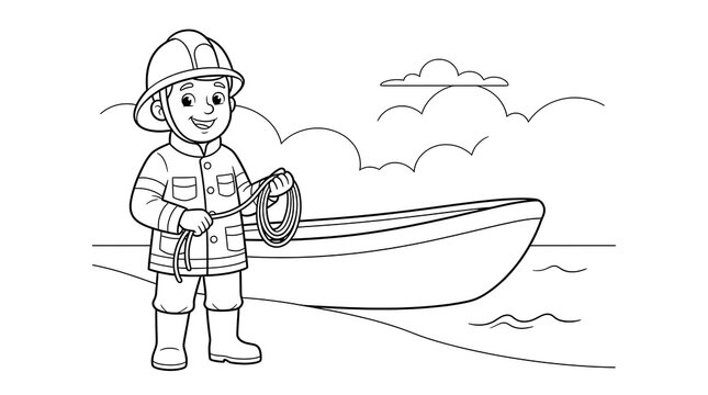 A simple black and white line art drawing of a young boy wearing a hat standing next to a small wooden rowing boat