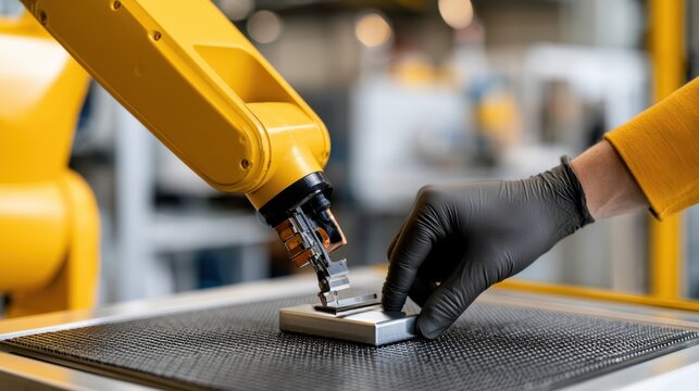 Yellow robotic arm technician hand assembling small component in automated production for industrial design poster and background use