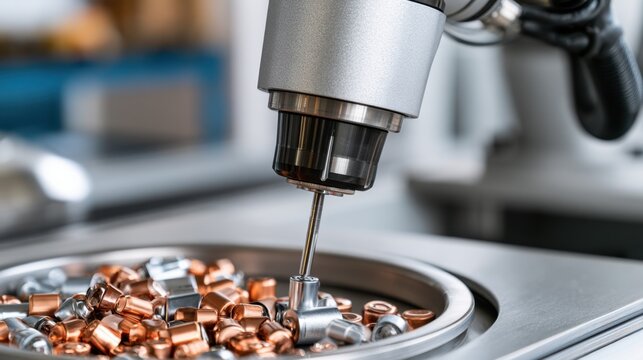 Precision robotic tool drilling metal components in automated assembly with vibratory bowl for industrial manufacturing design poster and background use