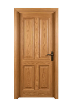Classic wooden interior door with paneled design and brass handle isolated